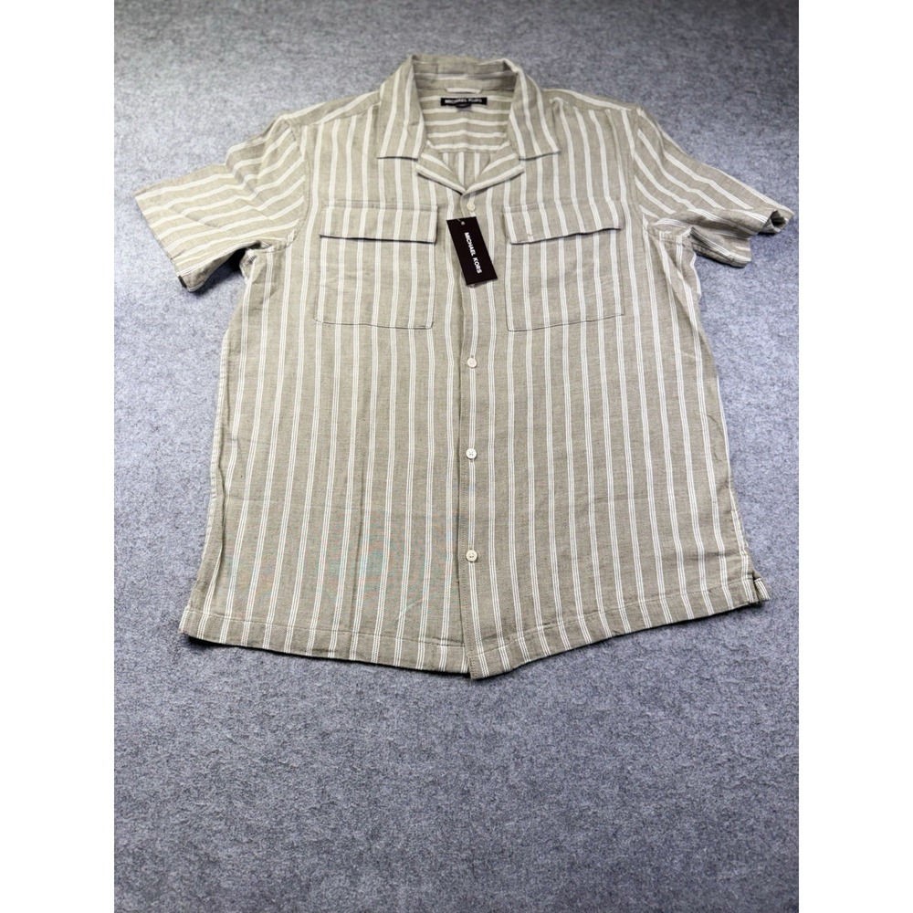 Michael Kors Button Up Shirt Men Size M Beige NWT Striped Short Sleeve Slim Fit